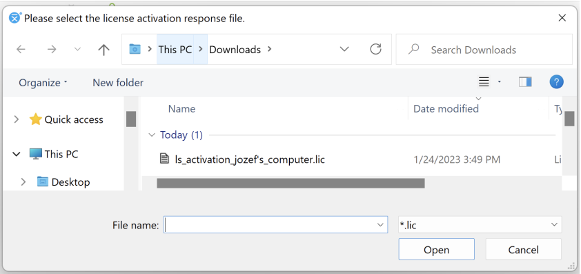 Choose license activation file open dialog.