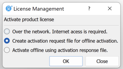 License management dialog with activation options over the internet or offline.