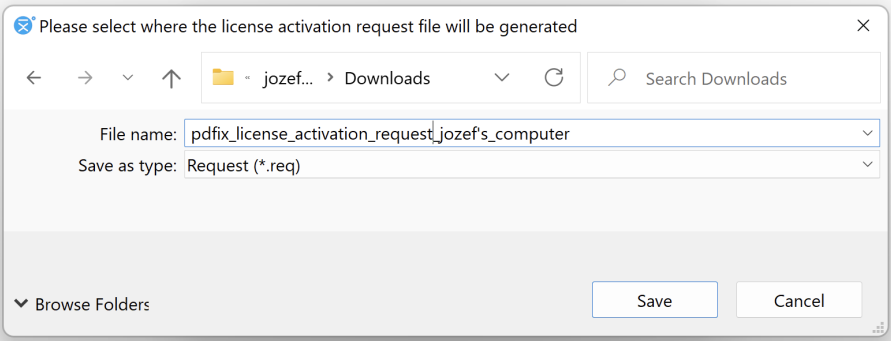 Activation request file save dialog.