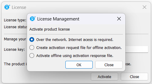License management dialog with activation options over the internet or offline.