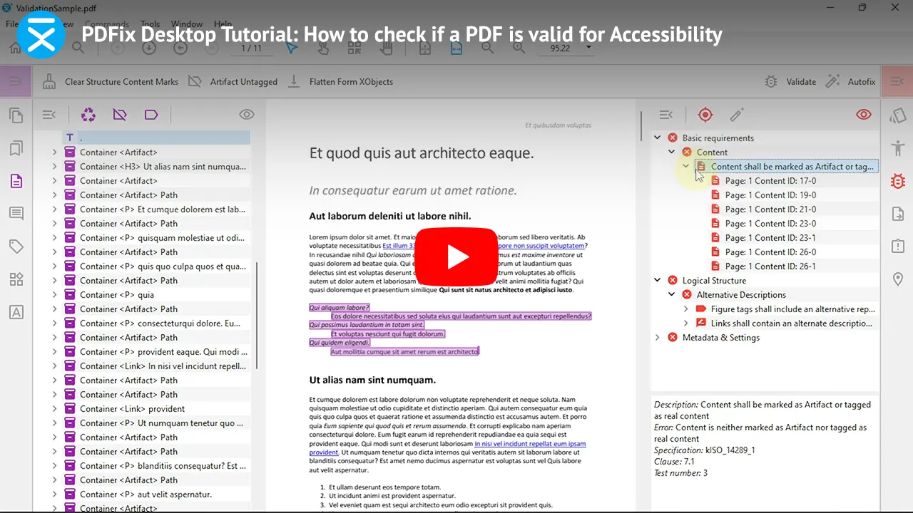 PDFix Desktop Tutorial: How to check if a PDF is valid for Accessibility. Click to load the Embed YouTube Player to play the video.