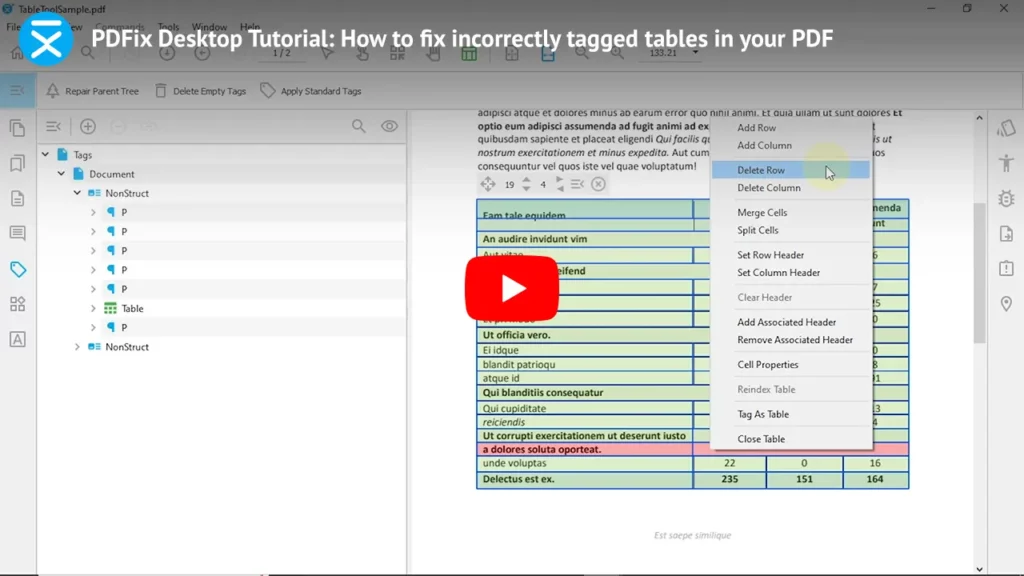PDFix Desktop Tutorial: How to fix incorrectly tagged tables in your PDF. Click to load the Embed YouTube Player to play the video.