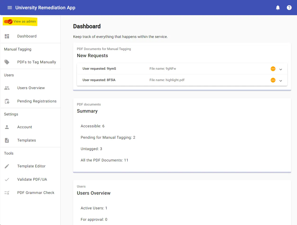 The University Remediation Demo app Admin´s Dashboard.