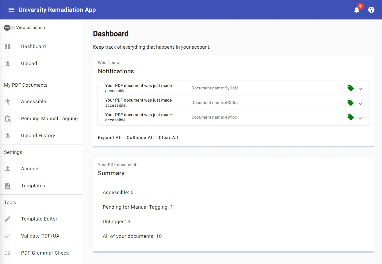 The University Remediation Demo app Dashboard