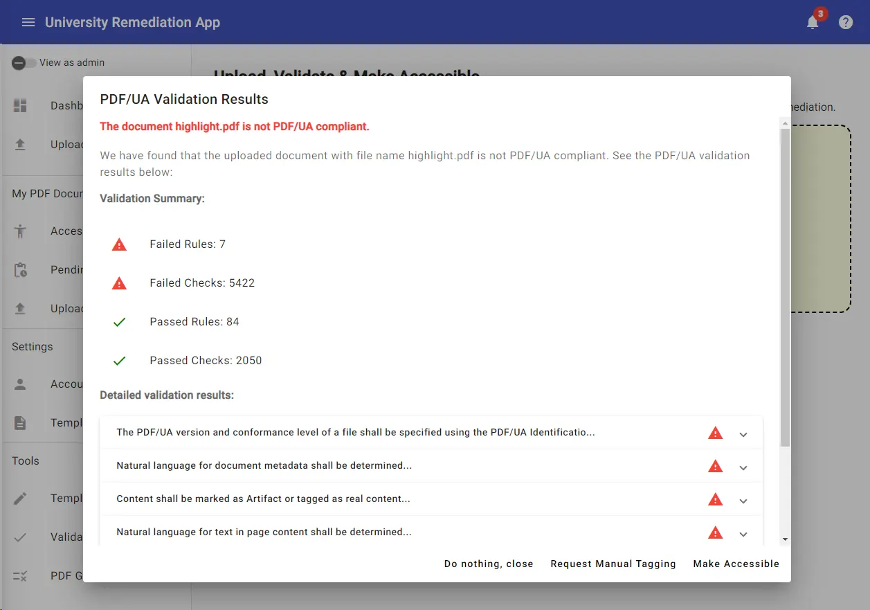 PDF/UA Validation output with dummy results