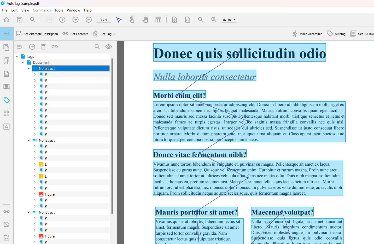 Image of a PDF displayed in the PDFix Desktop app, with the layout recognition pane on the left showing the document structure after auto-tagging.