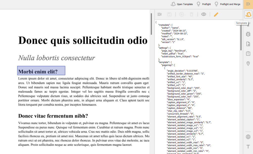 PDF displayed in the PDFix Desktop app, with the right pane showing the document structure in a JSON file format.