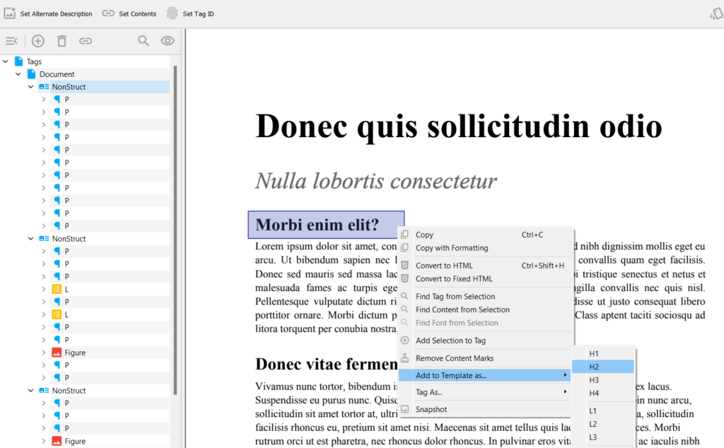 PDF displayed in the PDFix Desktop app, showing marked text within the document and a dropdown window with the option to add a template as a header (H2).