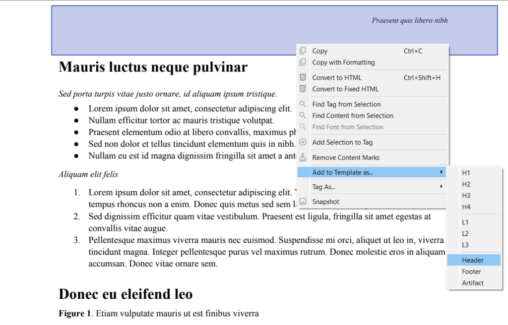 PDF document displayed with a highlighted bounding box at the top of the page, a dropdown window with options, and the "Add to Template as Header" option selected.