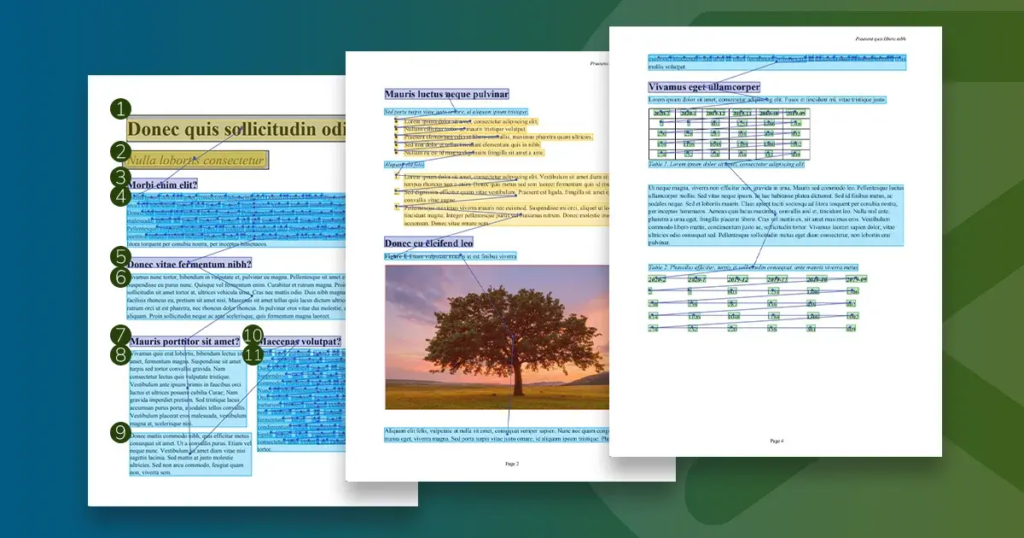 a picture of 3 tagged pdf documents with boxes showing logical flow of document