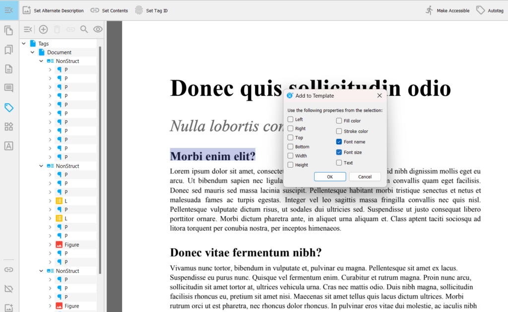 Image of a PDF opened in the PDFix Desktop app, featuring highlighted text in the document and a dropdown window displaying options to define H2 settings, including Font Name and Font Size.